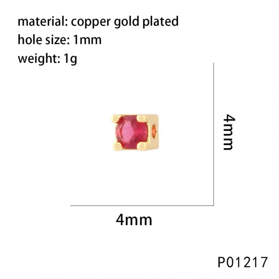 Picture of 2 PCs Brass Birthstone Beads For DIY Jewelry Making 18K Gold Plated Square Faceted Fuchsia Cubic Zirconia About 4mm x 4mm, Hole: Approx 1mm