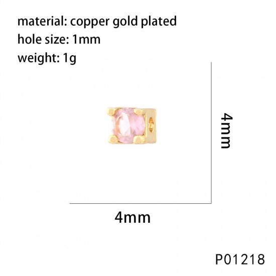 Picture of 2 PCs Brass Birthstone Beads For DIY Jewelry Making 18K Gold Plated Square Faceted Pink Cubic Zirconia About 4mm x 4mm, Hole: Approx 1mm