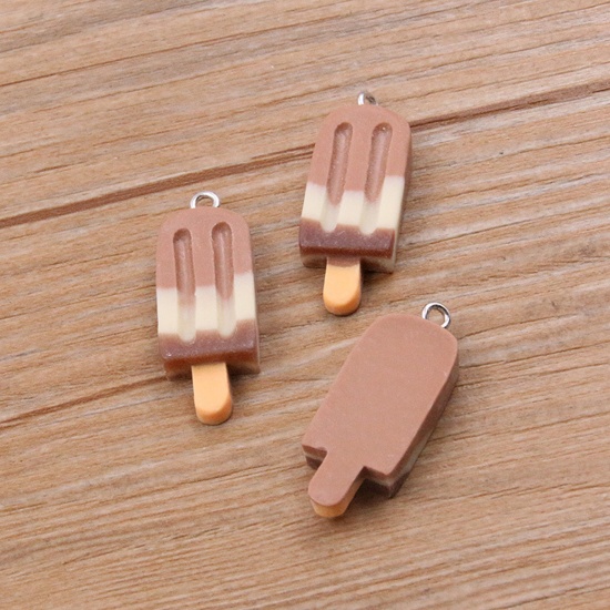 Picture of 10 PCs Resin Pendants Ice Lolly Silver Tone Coffee Gradient Color Mini Simulation 3.2cm x 1.2cm