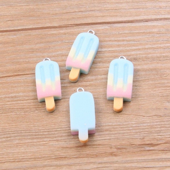 Picture of 10 PCs Resin Pendants Ice Lolly Silver Tone Blue Gradient Color Mini Simulation 3.2cm x 1.2cm