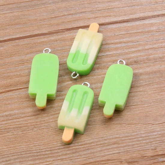 Picture of 10 PCs Resin Pendants Ice Lolly Silver Tone Green Gradient Color Mini Simulation 3.2cm x 1.2cm