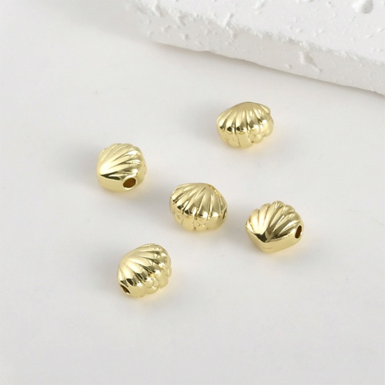 Immagine di 2 Pz Ipoallergenico Ottone Gioielli Oceanici Perline per la Creazione di Gioielli con Fai-da-te Placcato Oro 14K Conchiglia Circa 7mmx 6.5mm, Foro:Circa 1.4mm