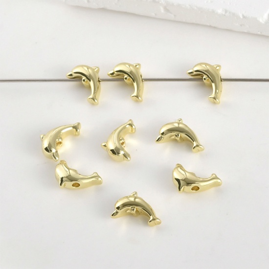 Immagine di 2 Pz Ipoallergenico Ottone Gioielli Oceanici Perline per la Creazione di Gioielli con Fai-da-te Placcato Oro 14K Delfino Circa 10mmx 6.5mm, Foro:Circa 1.2mm