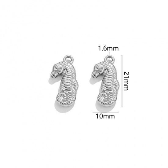 Image de 2 Pcs Breloques en 304 Acier Inoxydable Bijoux d'Océan Cheval de Mer Argent Mat 3D 21mm x 10mm