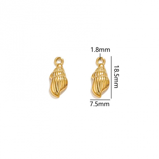 Picture of 2 PCs Vacuum Plating 304 Stainless Steel Ocean Jewelry Charms 18K Gold Plated Shell 3D 18.5mm x 7.5mm