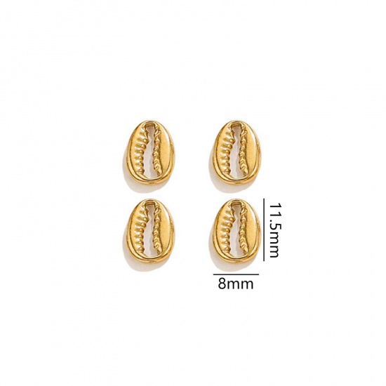 Picture of 2 PCs Vacuum Plating 304 Stainless Steel Ocean Jewelry Charms 18K Gold Plated Cowrie Monetaria Caputserpentis 3D 11.5mm x 8mm