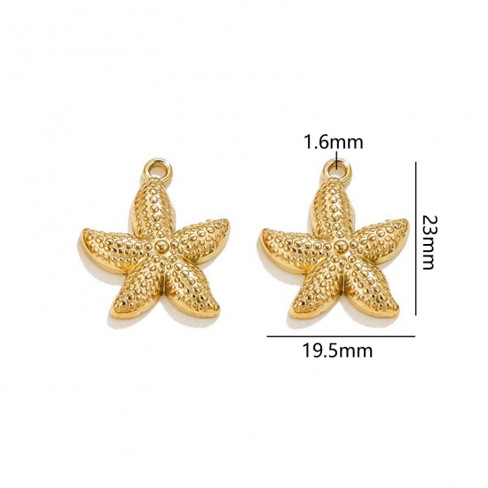 Picture of 2 PCs Vacuum Plating 304 Stainless Steel Ocean Jewelry Charms 18K Gold Plated Star Fish 23mm x 19.5mm