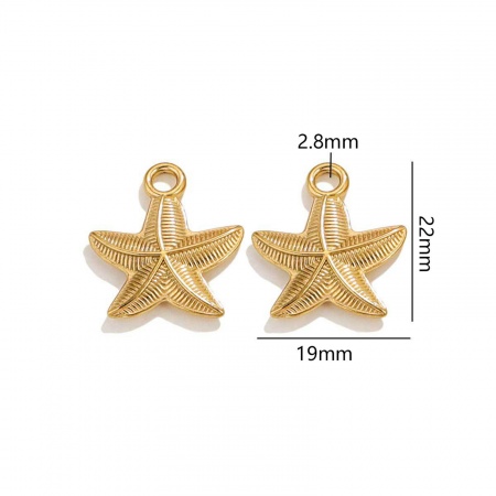 Picture of 2 PCs Vacuum Plating 304 Stainless Steel Ocean Jewelry Charms 18K Gold Plated Starfish 3D 22mm x 19mm