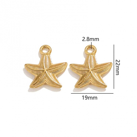 Picture of 2 PCs Vacuum Plating 304 Stainless Steel Ocean Jewelry Charms 18K Gold Plated Star Fish 3D 22mm x 19mm