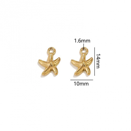 Picture of 2 PCs Vacuum Plating 304 Stainless Steel Ocean Jewelry Charms 18K Gold Plated Star Fish 14mm x 10mm