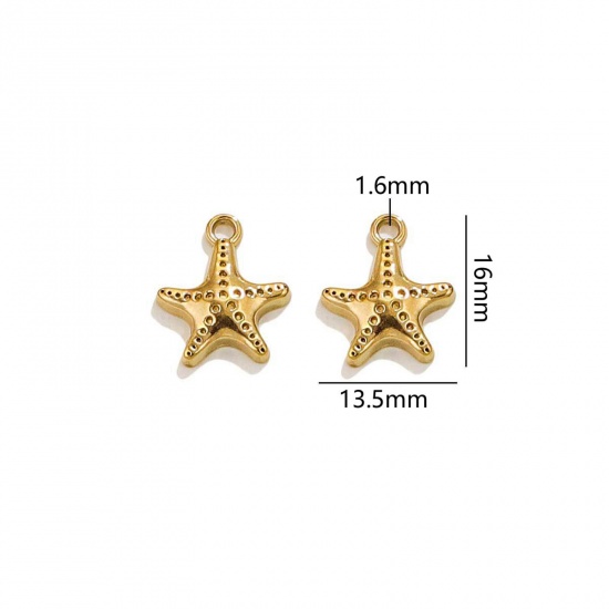 Picture of 2 PCs Vacuum Plating 304 Stainless Steel Ocean Jewelry Charms 18K Gold Plated Star Fish 16mm x 13.5mm