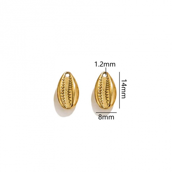 Picture of 2 PCs Vacuum Plating 304 Stainless Steel Ocean Jewelry Charms 18K Gold Plated Cowrie Monetaria Caputserpentis 3D 14mm x 8mm