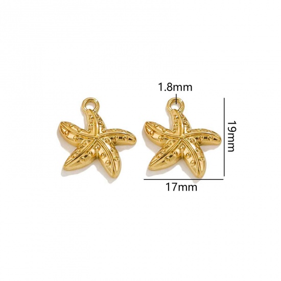 Picture of 2 PCs Vacuum Plating 304 Stainless Steel Ocean Jewelry Charms 18K Gold Plated Star Fish 19mm x 17mm