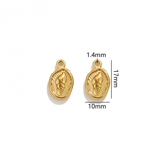 Picture of 2 PCs Vacuum Plating 304 Stainless Steel Ocean Jewelry Charms 18K Gold Plated Oval Conch Sea Snail 17mm x 10mm