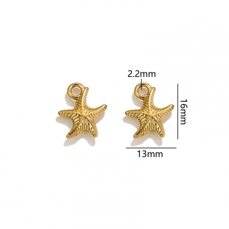 Picture of 2 PCs Vacuum Plating 304 Stainless Steel Ocean Jewelry Charms 18K Gold Plated Starfish 3D 16mm x 13mm