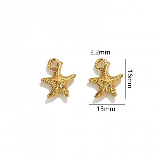 Picture of 2 PCs Vacuum Plating 304 Stainless Steel Ocean Jewelry Charms 18K Gold Plated Star Fish 3D 16mm x 13mm