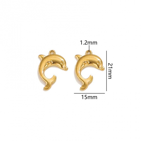 Picture of 2 PCs Vacuum Plating 304 Stainless Steel Ocean Jewelry Charms 18K Gold Plated Dolphin Animal 21mm x 15mm