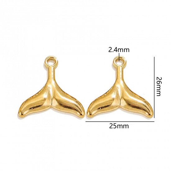 Picture of 2 PCs Vacuum Plating 304 Stainless Steel Ocean Jewelry Charms 18K Gold Plated Fishtail 26mm x 25mm