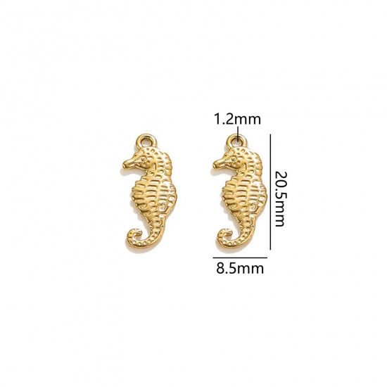 Picture of 2 PCs Vacuum Plating 304 Stainless Steel Ocean Jewelry Charms 18K Gold Plated Seahorse Animal 20.5mm x 8.5mm