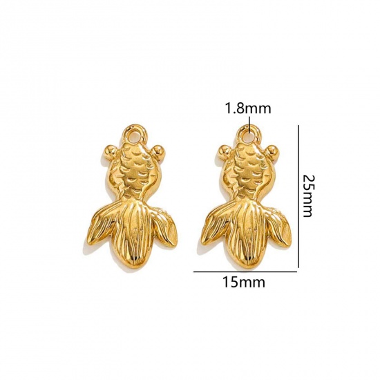 Picture of 2 PCs Vacuum Plating 304 Stainless Steel Ocean Jewelry Charms 18K Gold Plated Goldfish 25mm x 15mm