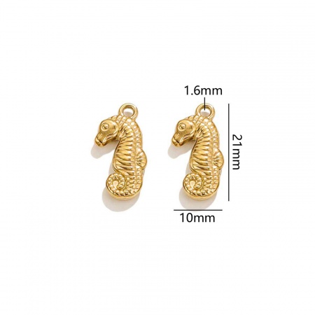 Picture of 2 PCs Vacuum Plating 304 Stainless Steel Ocean Jewelry Charms 18K Gold Plated Seahorse Animal 3D 21mm x 10mm