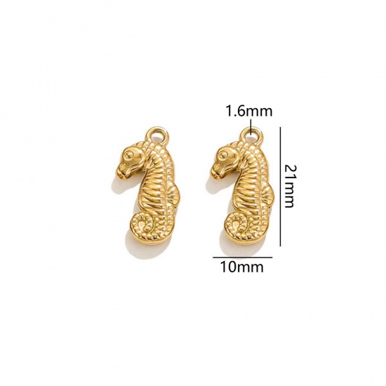 Picture of 2 PCs Vacuum Plating 304 Stainless Steel Ocean Jewelry Charms 18K Gold Plated Seahorse Animal 3D 21mm x 10mm