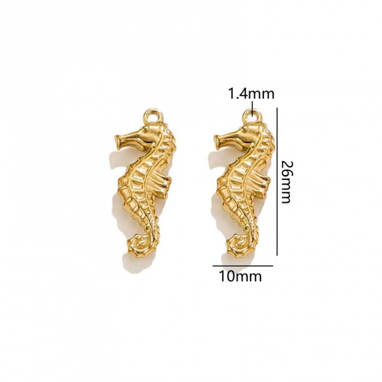 Picture of 2 PCs Vacuum Plating 304 Stainless Steel Ocean Jewelry Charms 18K Gold Plated Seahorse Animal 3D 26mm x 10mm