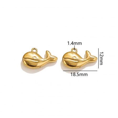 Picture of 2 PCs Vacuum Plating 304 Stainless Steel Ocean Jewelry Charms 18K Gold Plated Whale Animal 3D 18.5mm x 12mm