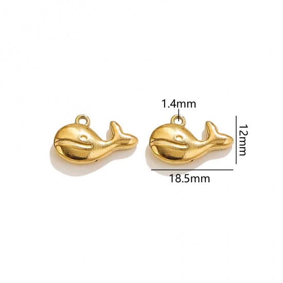 Picture of 2 PCs Vacuum Plating 304 Stainless Steel Ocean Jewelry Charms 18K Gold Plated Whale Animal 3D 18.5mm x 12mm