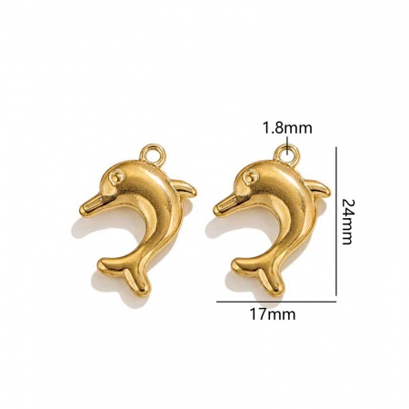 Picture of 2 PCs Vacuum Plating 304 Stainless Steel Ocean Jewelry Charms 18K Gold Plated Dolphin Animal 3D 24mm x 17mm