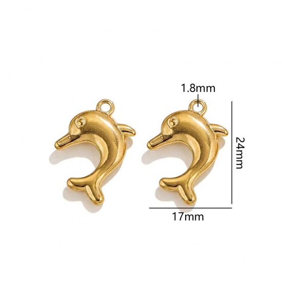 Picture of 2 PCs Vacuum Plating 304 Stainless Steel Ocean Jewelry Charms 18K Gold Plated Dolphin Animal 3D 24mm x 17mm