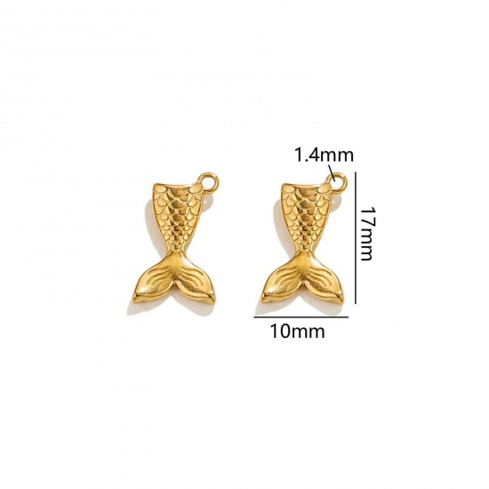 Picture of 2 PCs Vacuum Plating 304 Stainless Steel Ocean Jewelry Charms 18K Gold Plated Fishtail 3D 17mm x 10mm