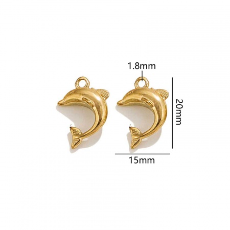 Picture of 2 PCs Vacuum Plating 304 Stainless Steel Ocean Jewelry Charms 18K Gold Plated Dolphin Animal 3D 20mm x 15mm