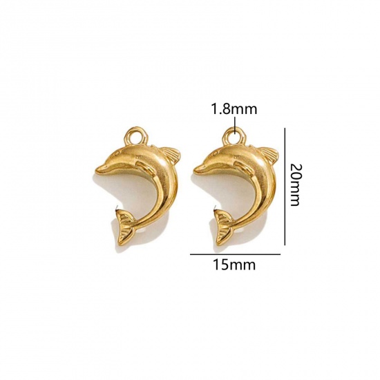 Picture of 2 PCs Vacuum Plating 304 Stainless Steel Ocean Jewelry Charms 18K Gold Plated Dolphin Animal 3D 20mm x 15mm