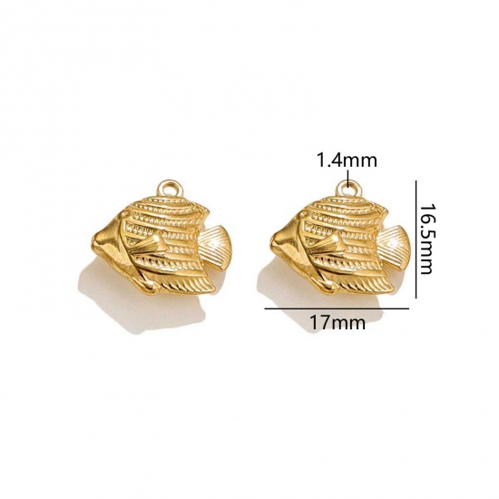 Picture of 2 PCs Vacuum Plating 304 Stainless Steel Ocean Jewelry Charms 18K Gold Plated Tropical Fish 3D 17mm x 16.5mm