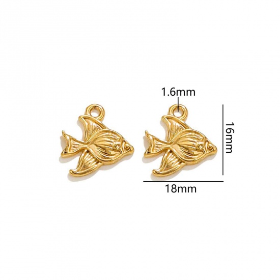 Picture of 2 PCs Vacuum Plating 304 Stainless Steel Ocean Jewelry Charms 18K Gold Plated Goldfish 18mm x 16mm