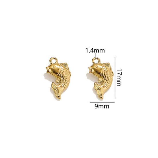 Picture of 2 PCs Vacuum Plating 304 Stainless Steel Ocean Jewelry Charms 18K Gold Plated Fish Animal 3D 17mm x 9mm