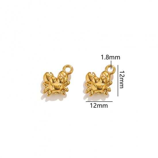 Picture of 2 PCs Vacuum Plating 304 Stainless Steel Ocean Jewelry Charms 18K Gold Plated Crab Animal 3D 12mm x 12mm