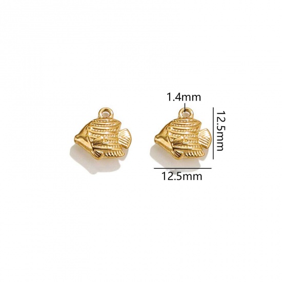 Picture of 2 PCs Vacuum Plating 304 Stainless Steel Ocean Jewelry Charms 18K Gold Plated Tropical Fish 3D 12.5mm x 12.5mm