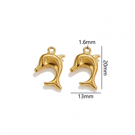 Picture of 2 PCs Vacuum Plating 304 Stainless Steel Ocean Jewelry Charms 18K Gold Plated Dolphin Animal 3D 20mm x 13mm