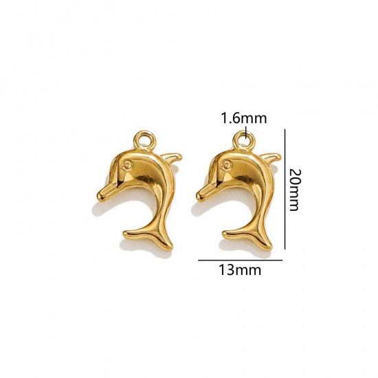 Picture of 2 PCs Vacuum Plating 304 Stainless Steel Ocean Jewelry Charms 18K Gold Plated Dolphin Animal 3D 20mm x 13mm