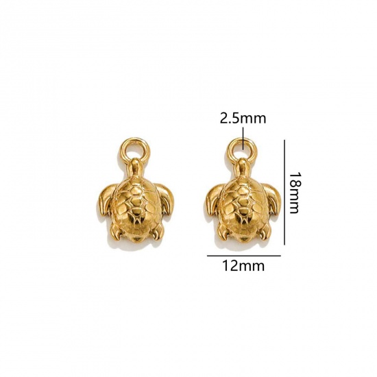 Picture of 2 PCs Vacuum Plating 304 Stainless Steel Ocean Jewelry Charms 18K Gold Plated Tortoise Animal 3D 18mm x 12mm