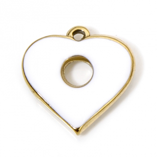 Immagine di 1 Pz Placcatura Sottovuoto 304 Acciaio Inossidabile San Valentino Ciondoli Cuore Oro Placcato Bianco Anello Smalto 19mm x 18.5mm