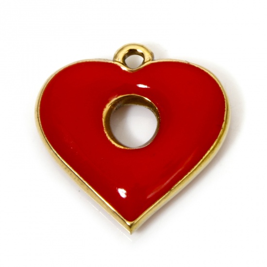 Immagine di 1 Pz Placcatura Sottovuoto 304 Acciaio Inossidabile San Valentino Ciondoli Cuore Oro Placcato Rosso Anello Smalto 19mm x 18.5mm