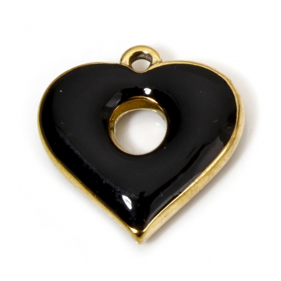 Immagine di 1 Pz Placcatura Sottovuoto 304 Acciaio Inossidabile San Valentino Ciondoli Cuore Oro Placcato Nero Anello Smalto 19mm x 18.5mm