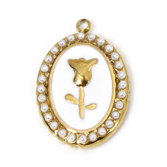 Picture of 1 Piece Vacuum Plating Stainless Steel & Shell Imitation Pearl Elegant Charms Gold Plated White Oval Rose Flower Enamel 20.5mm x 14.5mm