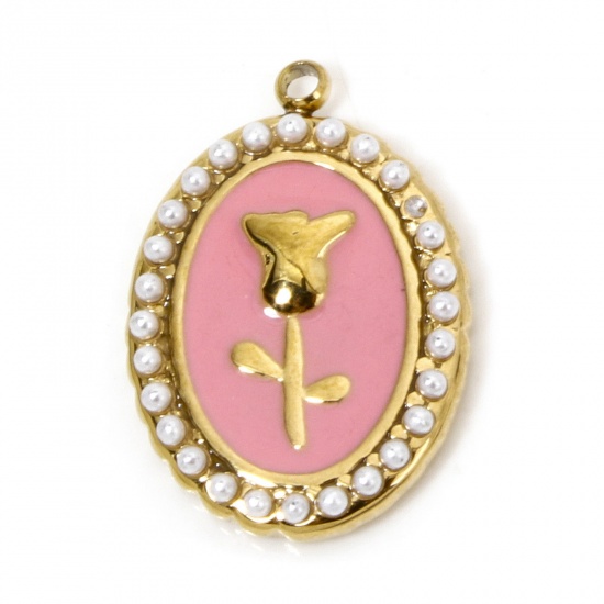 Picture of 1 Piece Vacuum Plating Stainless Steel & Shell Imitation Pearl Elegant Charms Gold Plated Pink Oval Rose Flower Enamel 20.5mm x 14.5mm