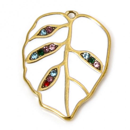 Picture of 1 Piece Vacuum Plating 304 Stainless Steel Retro Charms Gold Plated White Leaf Enamel Multicolor Rhinestone 20.5mm x 16mm