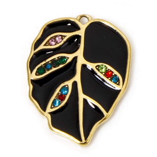 Picture of 1 Piece Vacuum Plating 304 Stainless Steel Retro Charms Gold Plated Black Leaf Enamel Multicolor Rhinestone 20.5mm x 16mm