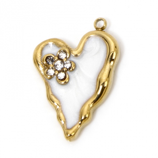 Picture of 1 Piece Vacuum Plating 304 Stainless Steel Valentine's Day Charms Gold Plated White Heart Flower Enamel Clear Rhinestone 23mm x 15.5mm